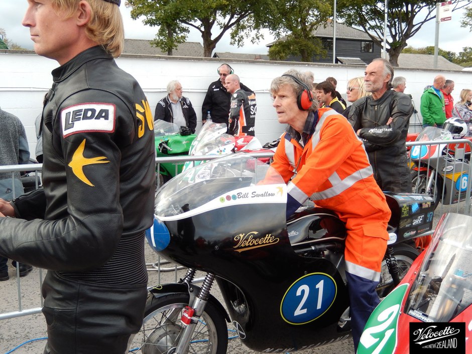 21 August, 2014. Chris Swallow, Nick Thompson, Bill Swallow and the Eldee TT 250cc Velocette Special on hold in Pit Lane, Isle of Man.