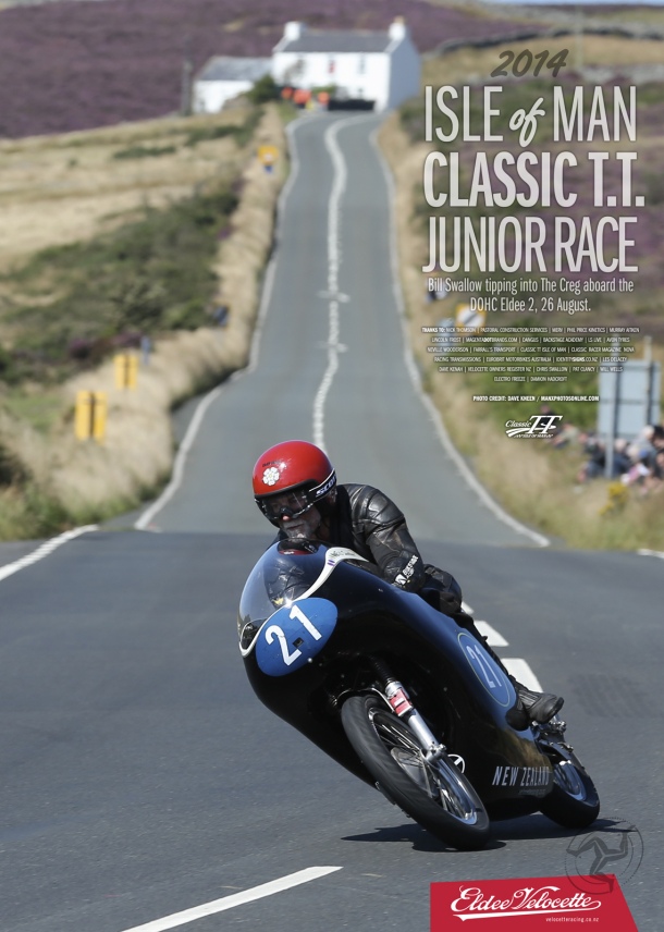 Isle of Man Classic T.T. Junior Race. Bill Swallow tipping into The Creg aboard Eldee 2, 26 August. A2 Landscape Poster. Photo Credit: Dave Kneen manxphotosonline.com