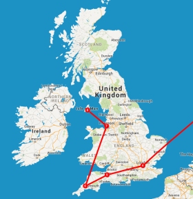Travel itinerary map, London to Isle Of Man.