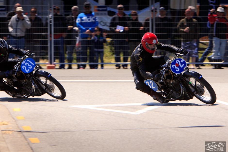 Chris Swallow aboard KTT 1041, leads Cloud Craig-Smith (KTT 1079) to a historic Velocette 1, 2, 3, class win in the Honda Invercargill Street Races at the 2015 Burt. 